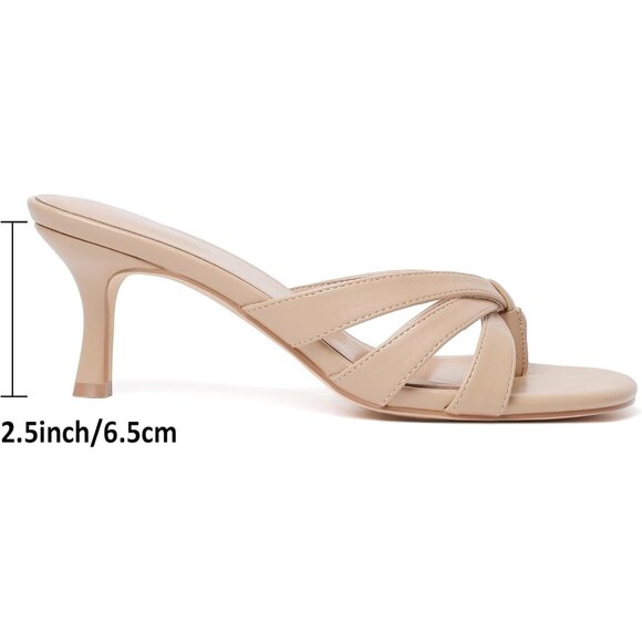 Women Strappy Kitten Nude Heels Open Toe Mules Thong Sandal for Party Wedding - Picture 2 of 9